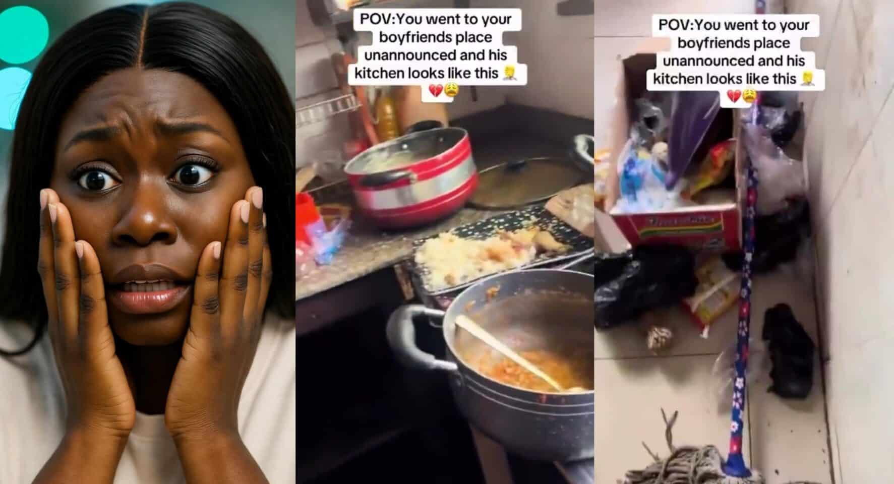 Lady shocked by what she found in boyfriend’s kitchen during surprise visit