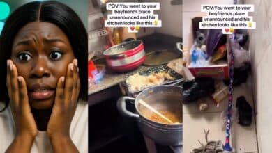 Lady shocked by what she found in boyfriend’s kitchen during surprise visit