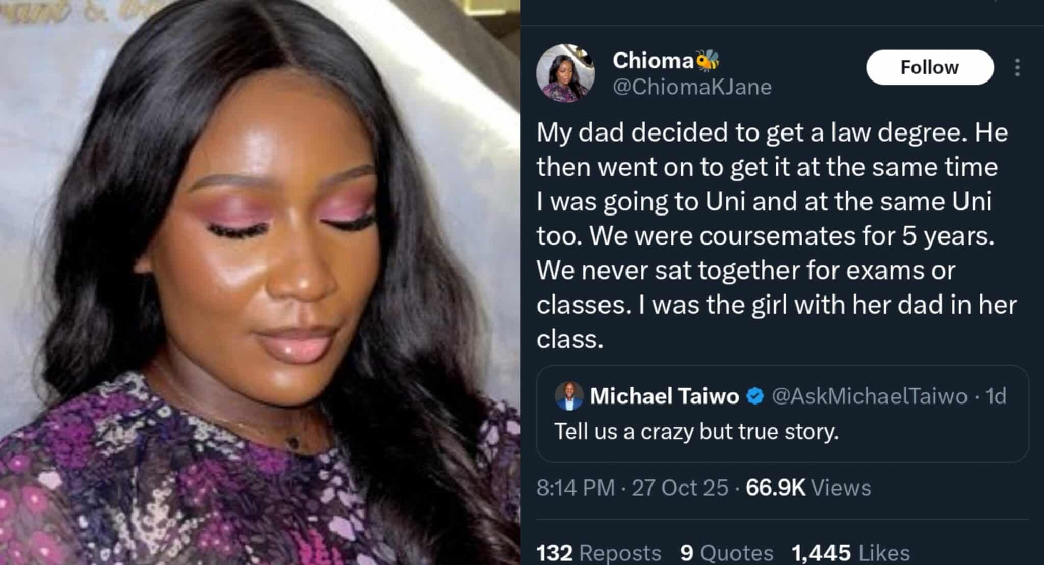 Lady reveals she was classmates with her father for 5 years studying law