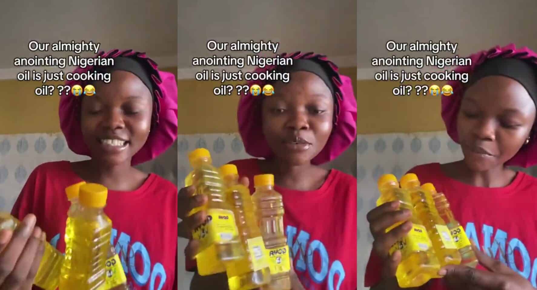 'Anointing Oil' used by Nigerian pastors is just 'Cooking Oil' - Lady sparks buzz online