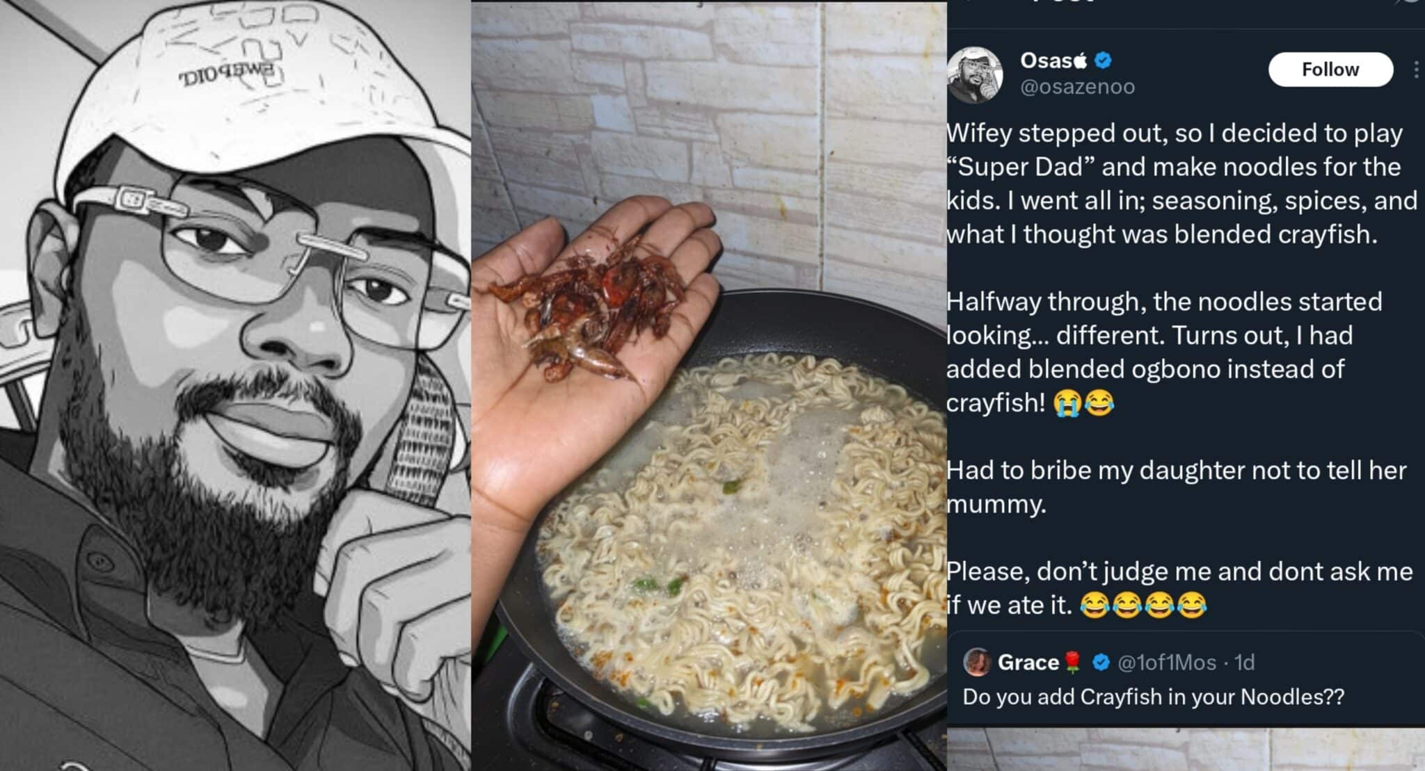 “Don’t tell your mum!” — Man begs daughter after using blended Ogbono to cook noodles