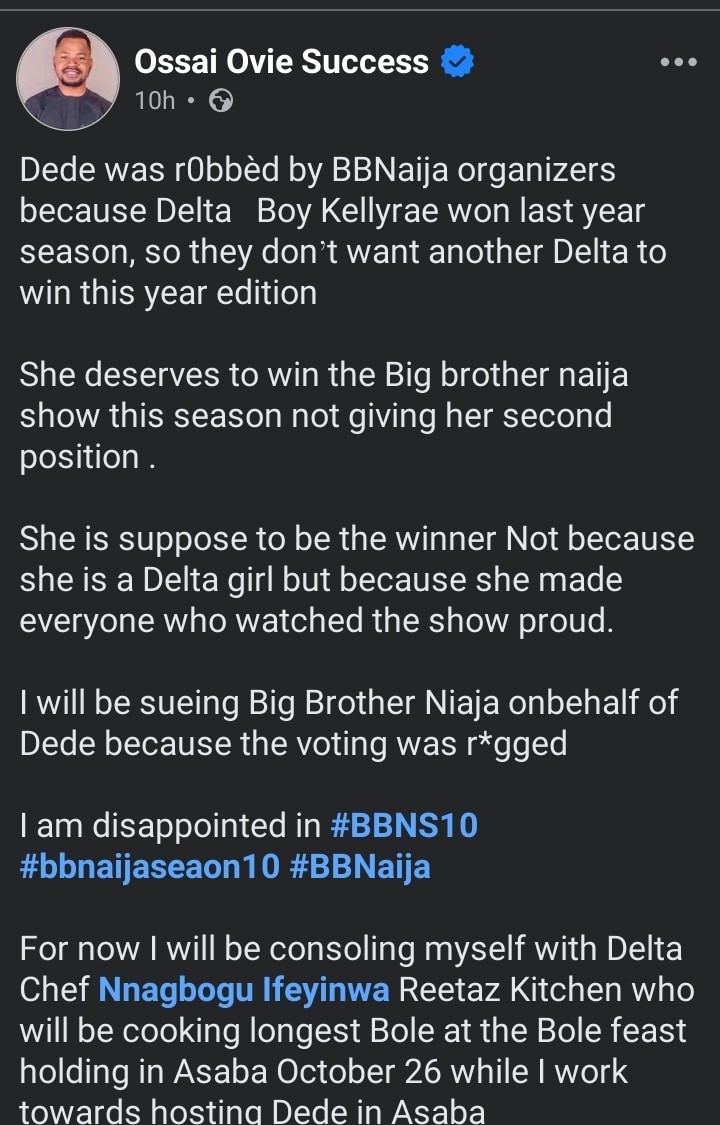 Ossai Ovie Success Facebook post 