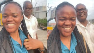 Proud father escorts daughter to her new job on the first day