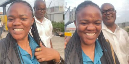 Proud father escorts daughter to her new job on the first day