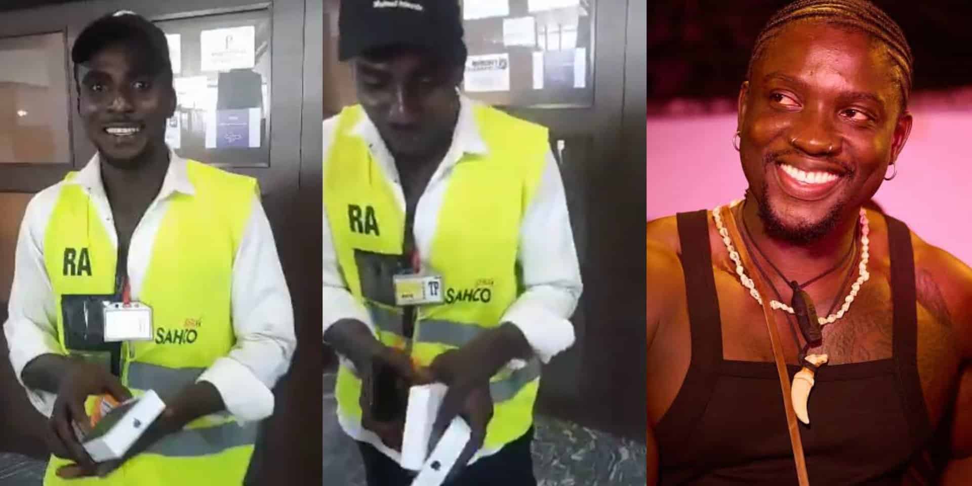 Airport staff celebrates as VeryDarkMan gifts him iPhone after boss smashed his phone during filming