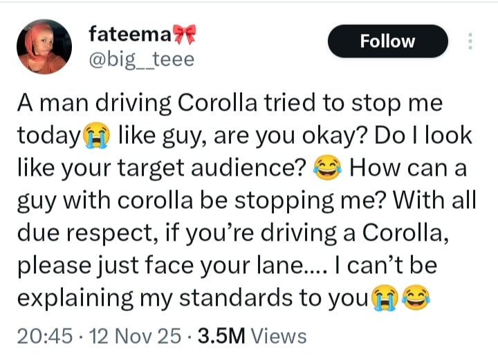 Lady roasts Corolla driver who tried to woo her
