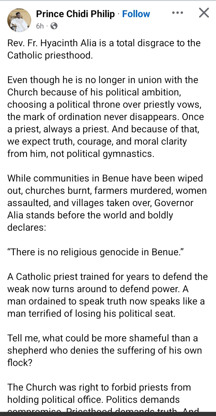 Catholic Priest Slams Governor Alia, Accuses Him of Betraying Benue’s Suffering 4 IMG 20251121 070706