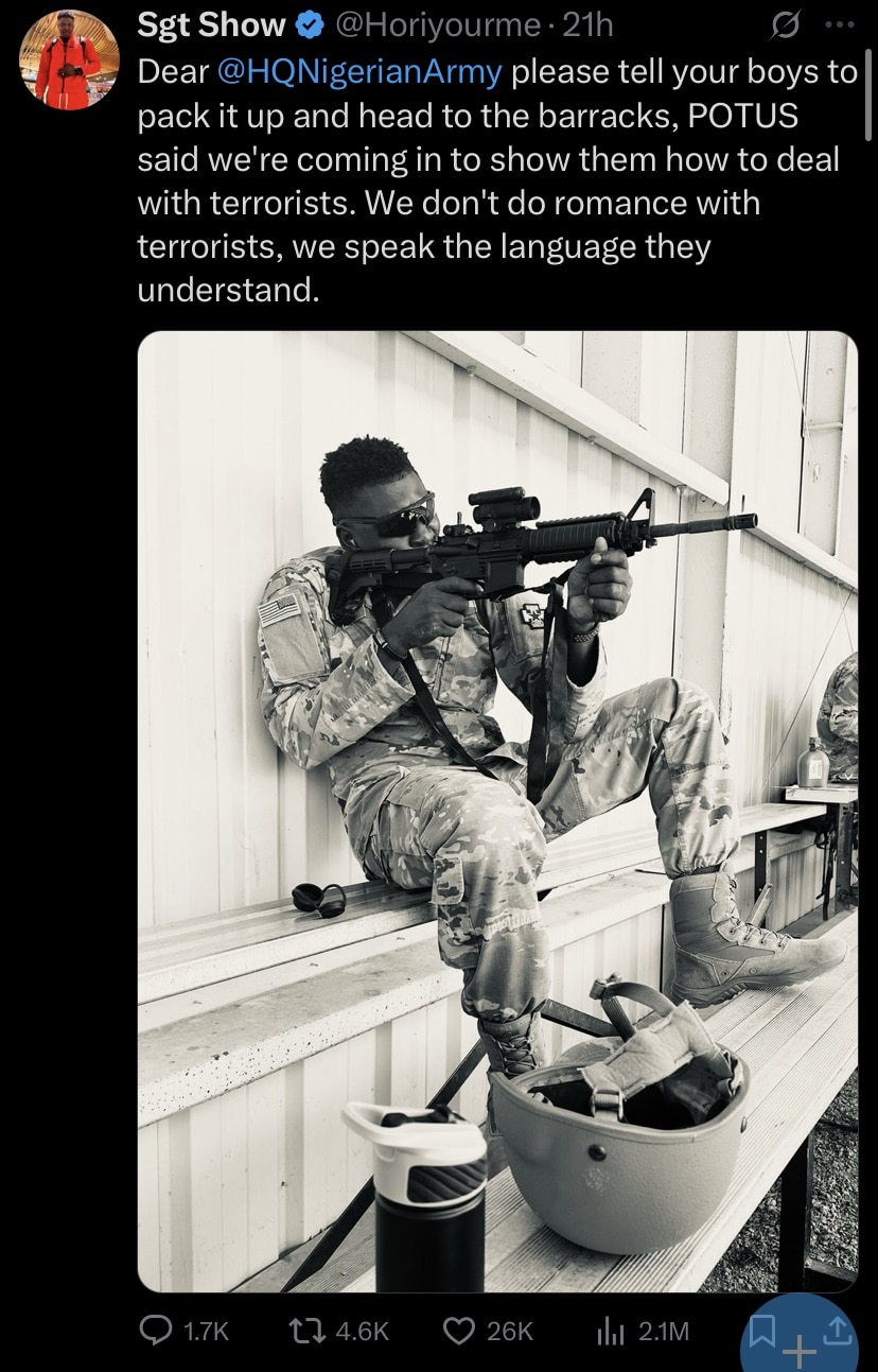 “We’re ready” - Nigerians in US Army speak after trump threatens action in Nigeria