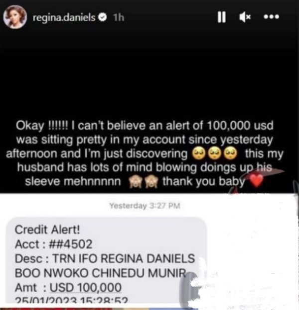 "0,000 alert?" - Old post of Regina Daniels hailing Ned Nwoko for random 0K gift trends online