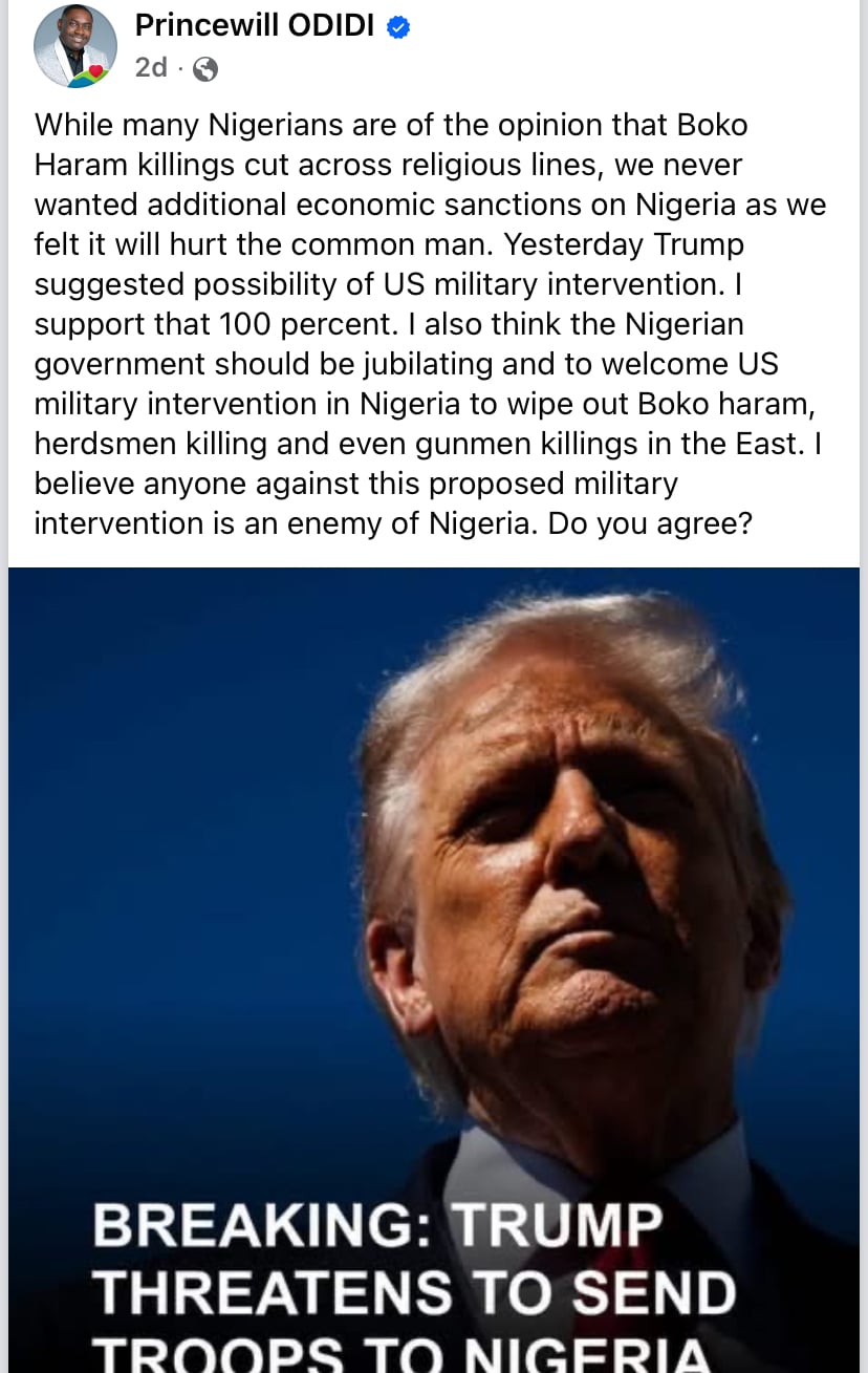 “Welcome US troops“ - US-based Nigerian tells Nigerian government, says anyone against US action is enemy of Nigeria