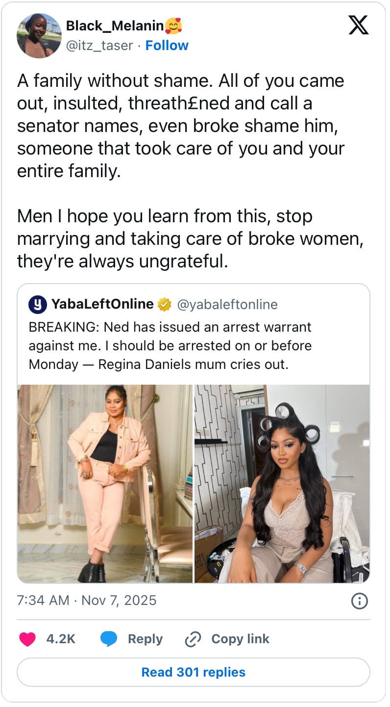 “A family without shame” - Lady drags Regina Daniels and family, says they humiliated man who took care of them all