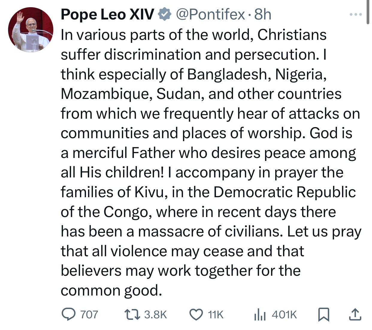 Pope Leo lists Nigeria among Countries where Christians face persecution