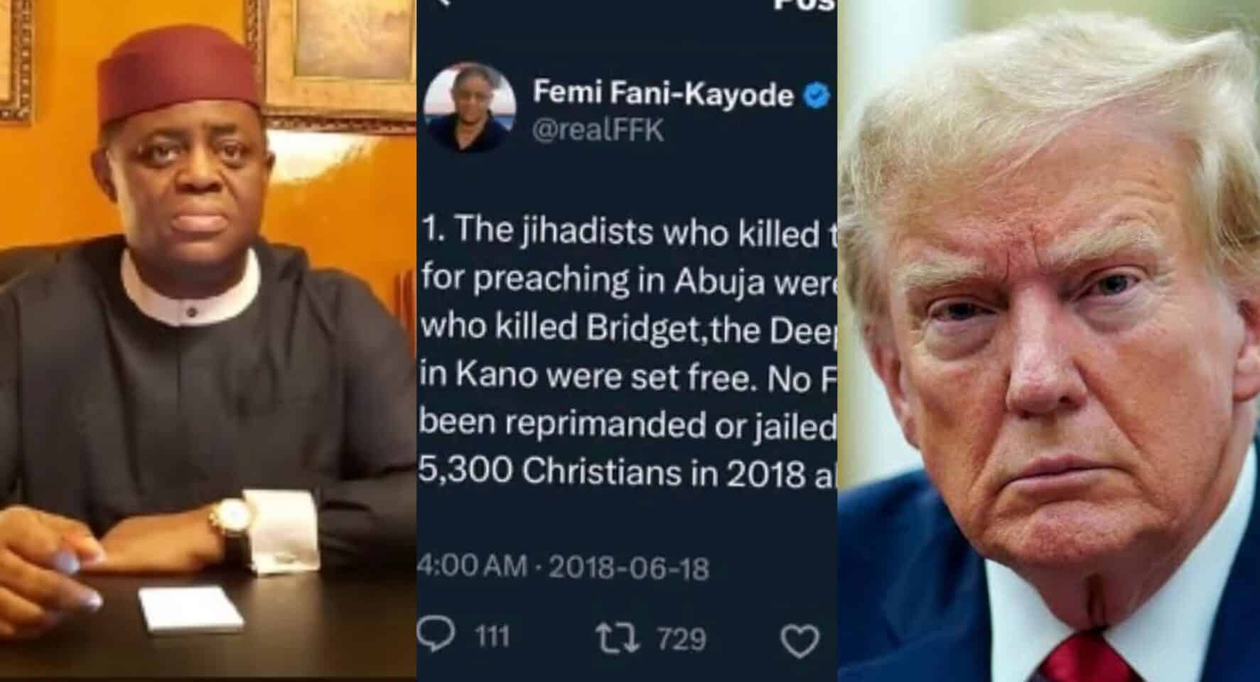 No Fulani terrorists jailed for killing RCCG Evangelist, over 5,300 Christians – Fani-Kayode's 2018 tweet surfaces after blasting Trump
