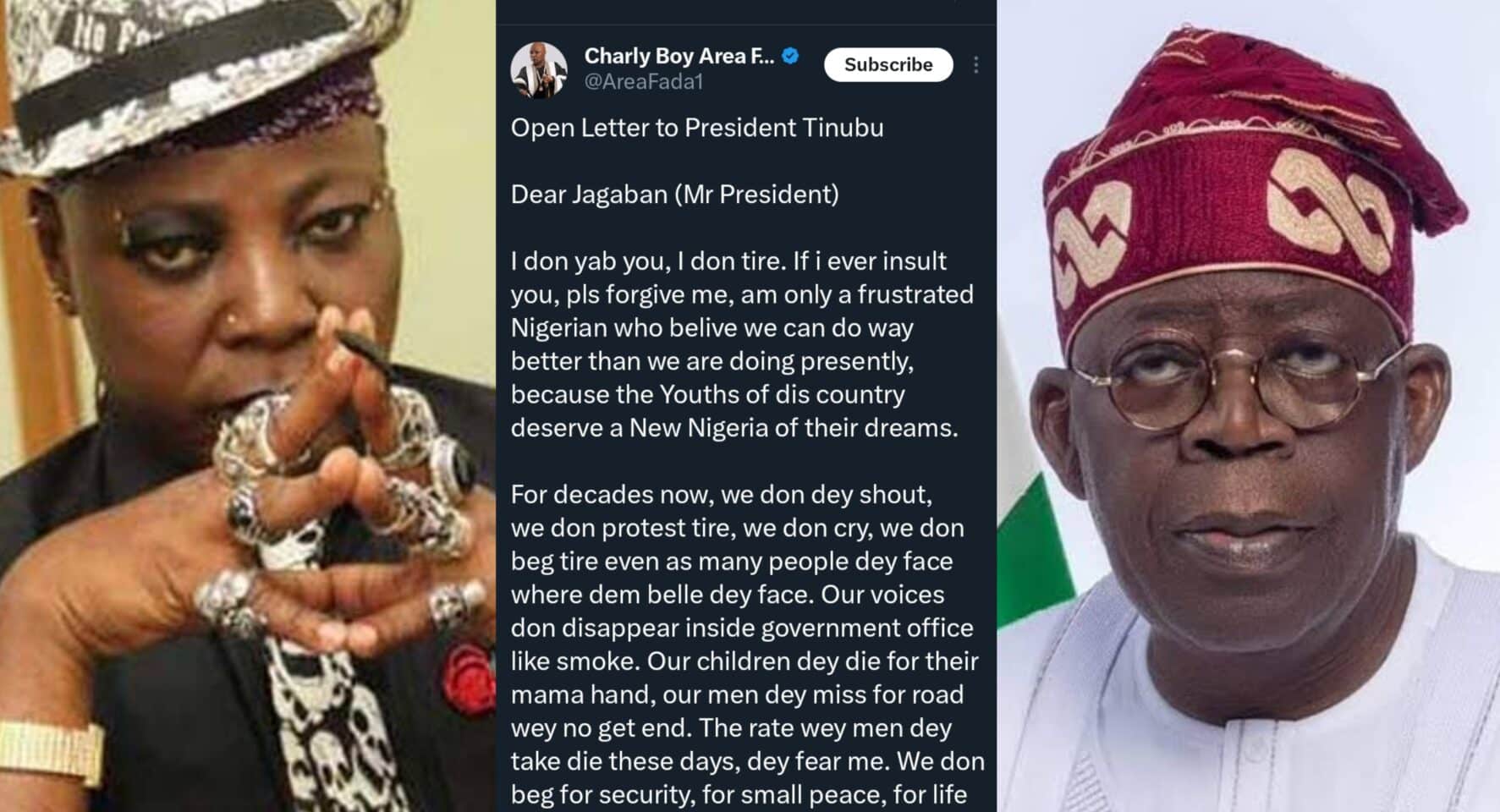 "I don tire, if i ever insult you, please forgive me" - Charly boy writes Tinubu, demands urgent action on insecurity