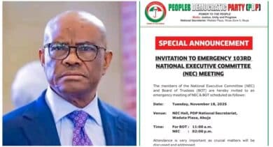 Wike’s PDP faction announces emergency NEC meeting amid expulsion saga