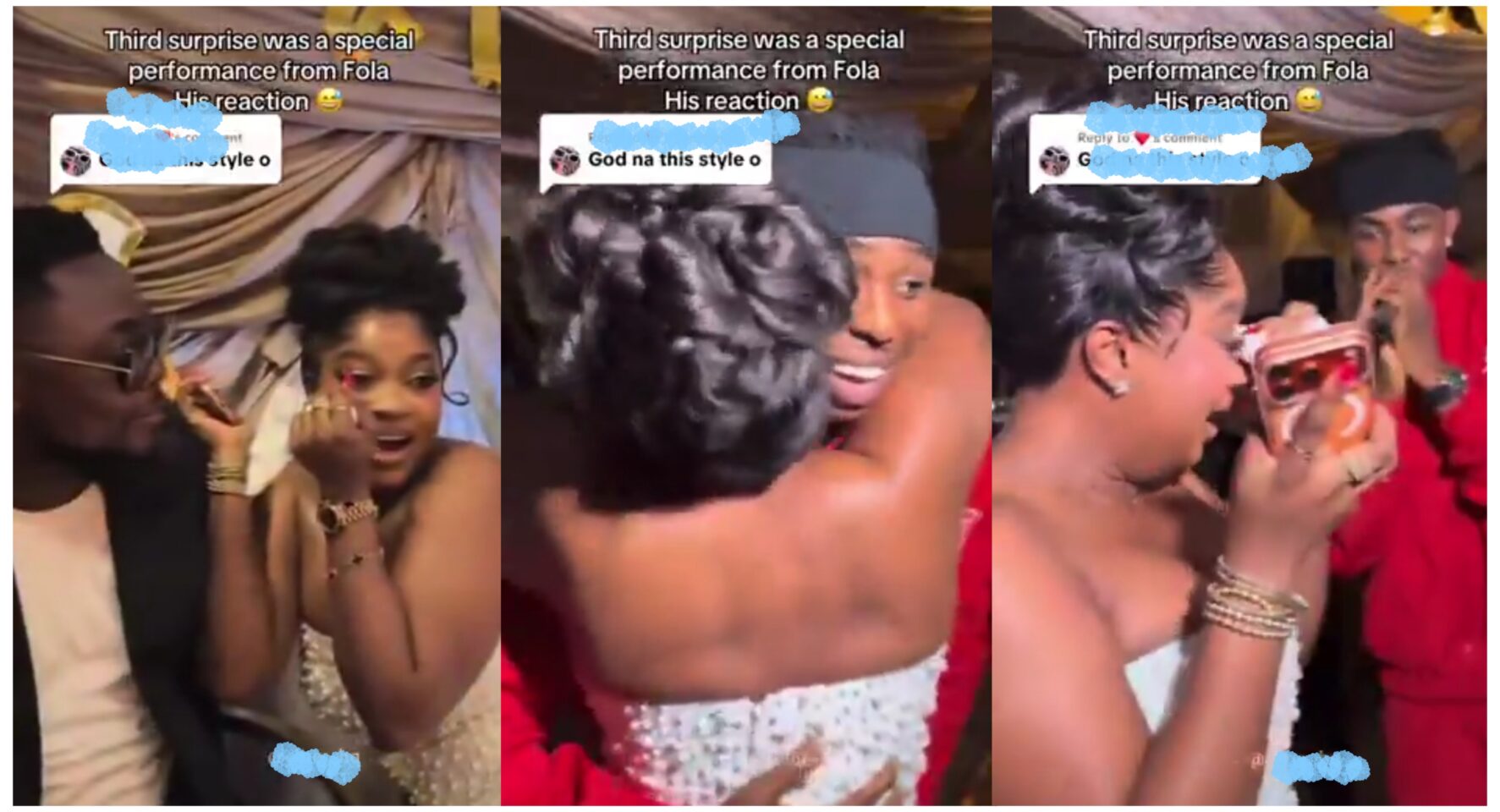Surprising moment as bride leaves husband to hug singer Fola at wedding