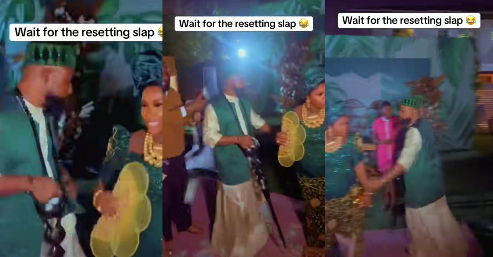 Drama as groom slaps lady after she packed money sprayed on him during wedding dance
