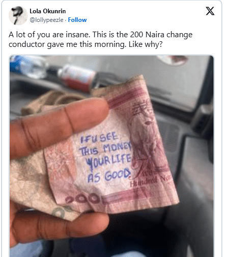 Man who received N200 change from conductor shares strange message he saw on note