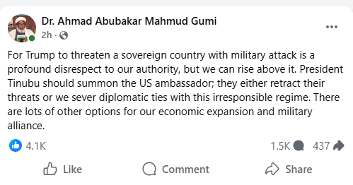 Demand retraction or cut diplomatic ties with US - Sheik Gumi tells Tinubu