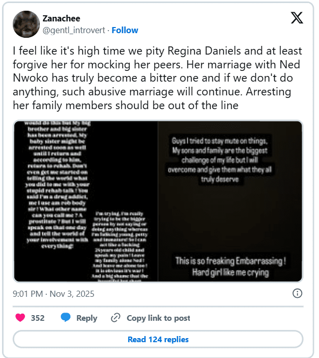 “Let’s pity Regina Daniels” - Man speaks out on actress’ ordeal, says Ned Nwoko went too far