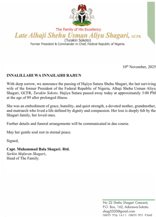 Ex-president Shehu Shagari’s last surviving wife, dies