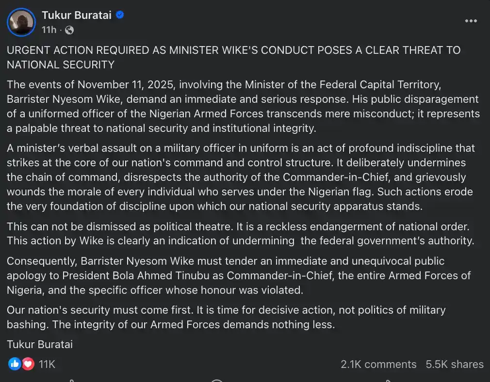 Wike’s clash with military officer, threat to national security — Buratai