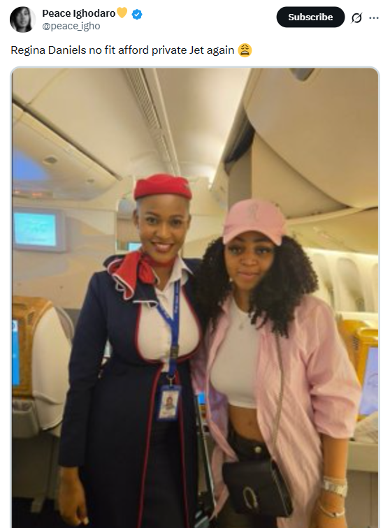 "She can't afford private jet again?" – Regina Daniels trends online as she’s spotted on commercial flight