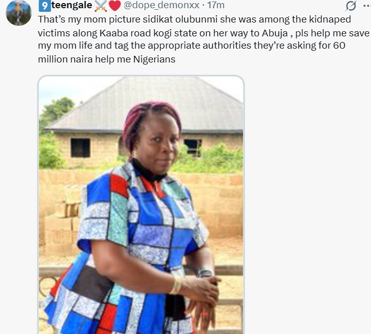 Corper cries out as kidnappers abduct his mother in Kogi while travelling to Abuja