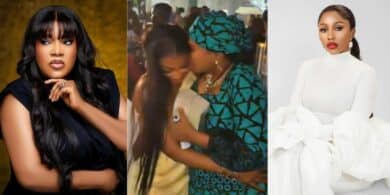 Moment Mercy Eke gifts Toyin Abraham ₦1 million at Toke Makinwa's baby dedication