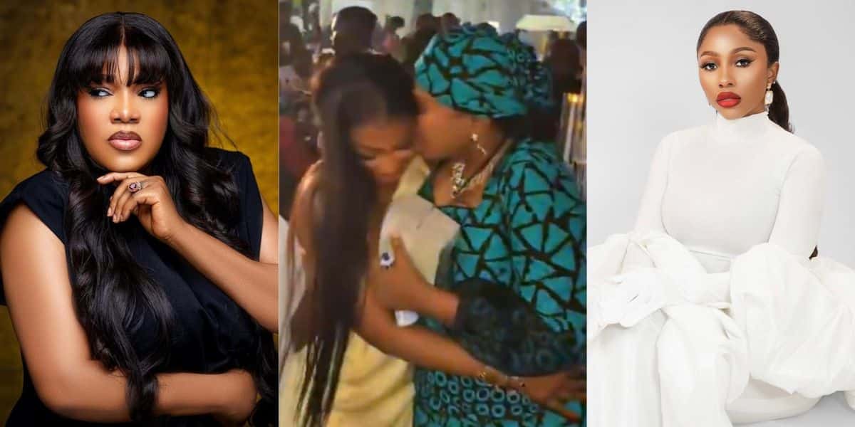 Moment Mercy Eke gifts Toyin Abraham ₦1 million at Toke Makinwa's baby dedication