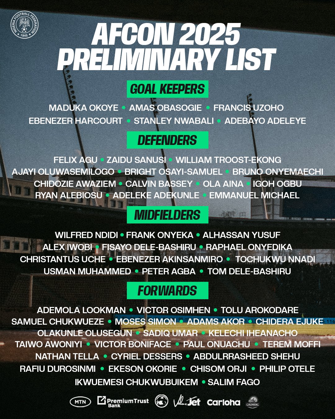 BREAKING: Super Eagles release 55-man AFCON 2025 preliminary squad
