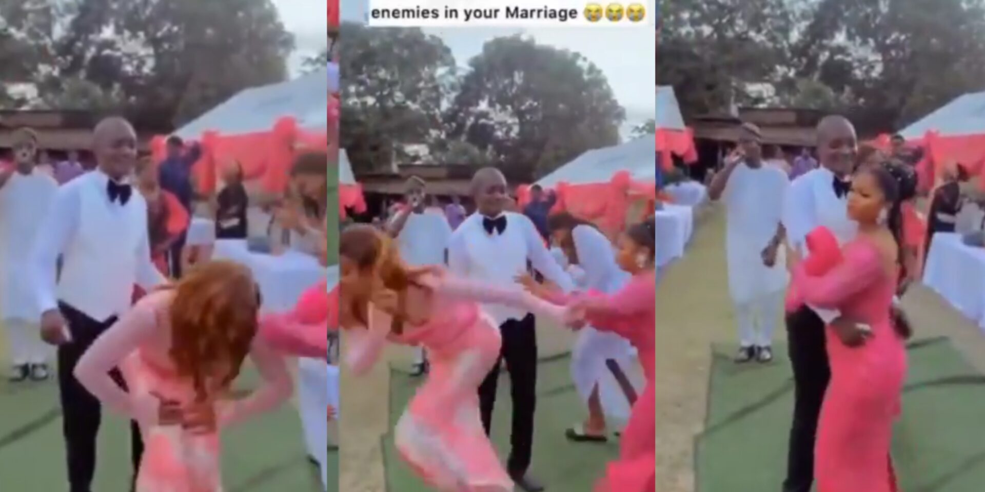 Drama as bride pushed away overzealous lady who tried to dance with her groom
