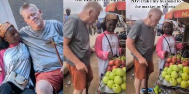 Lady leaves many Nigerian women envious as she takes German husband to market