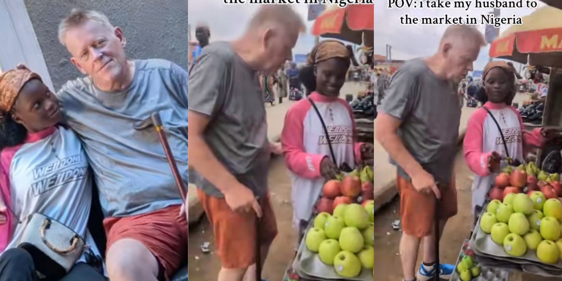 Lady leaves many Nigerian women envious as she takes German husband to market