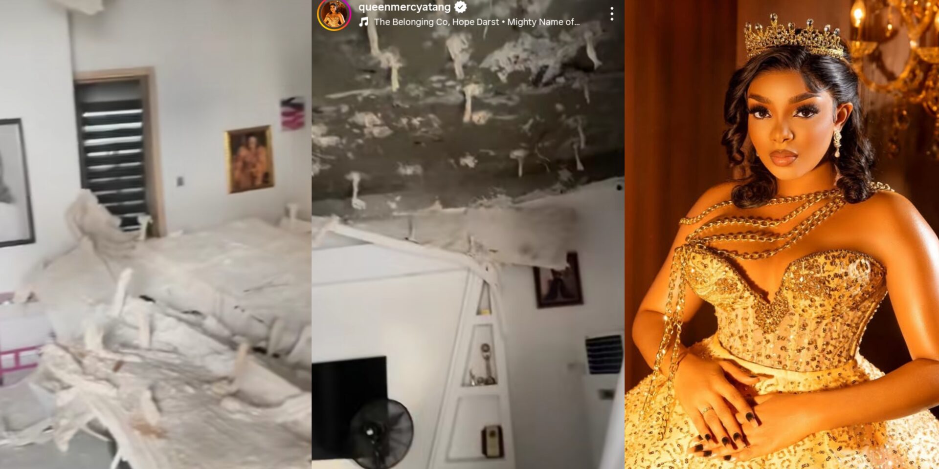 BBNaija star Queen Mercy grateful for life after the POP ceiling in her sitting room collapsed.