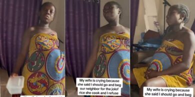 Pregnant wife bursts into tears as husband refuses to go beg neighbour for Jollof rice