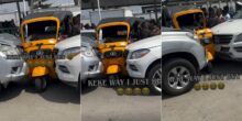 "Kasala left and right" – Chaos as keke gets bashed between two cars