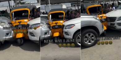 "Kasala left and right" – Chaos as keke gets bashed between two cars