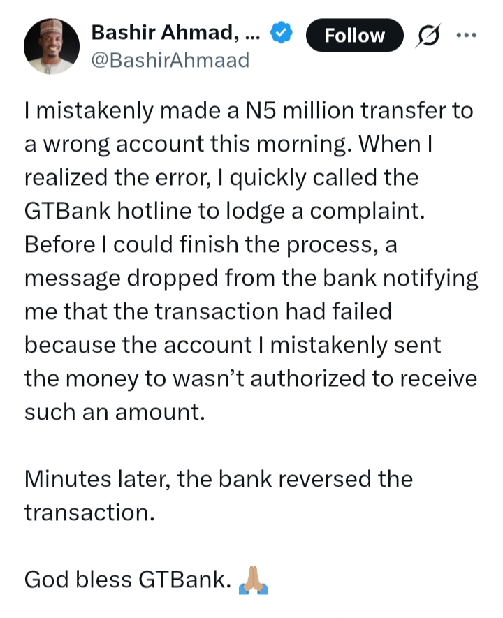 Bashir Ahmad recounts what happened after he accidentally transferred N5M to wrong account