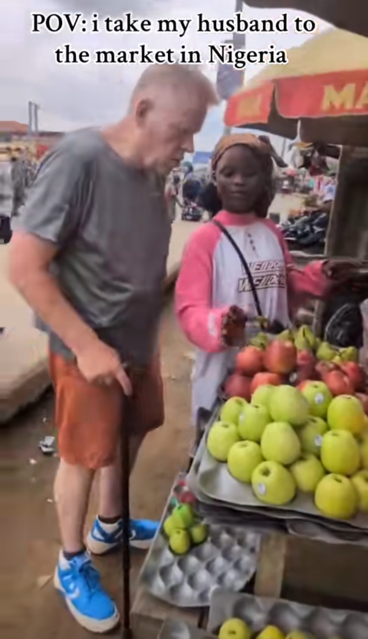 Lady leaves many Nigerian women envious as she takes German husband to market