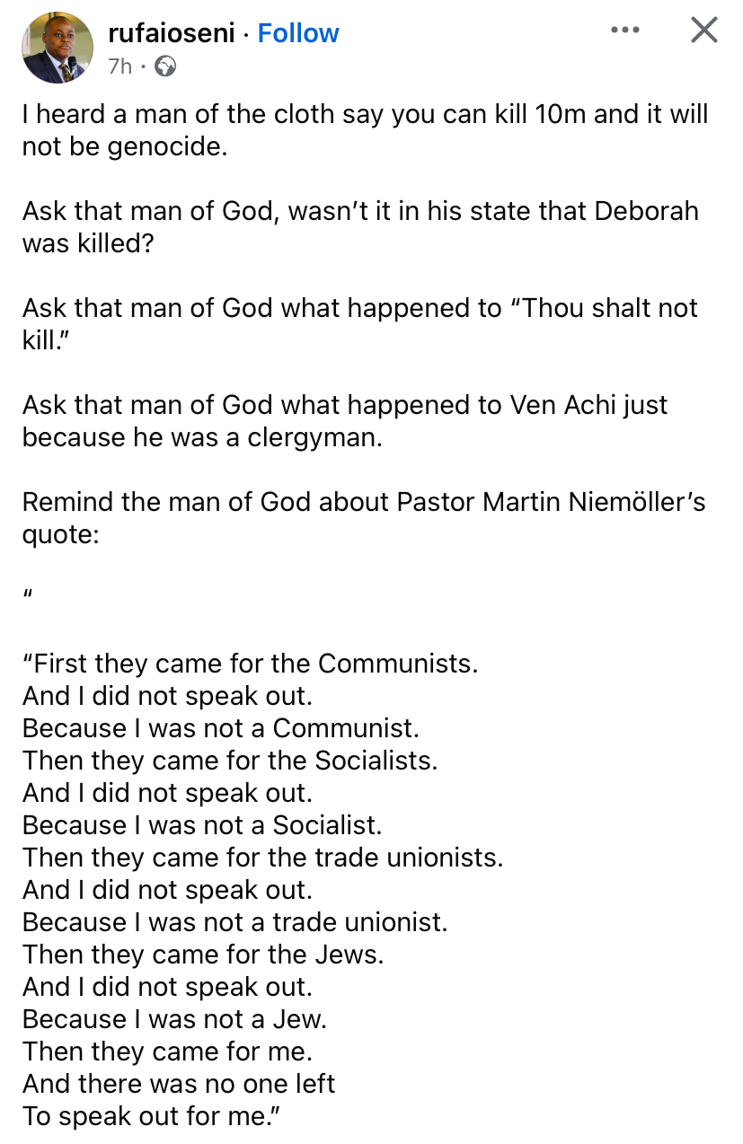 “‘You can kpai 10 million and it’s not genocide?" - Rufai Oseni drags Bishop Kukah