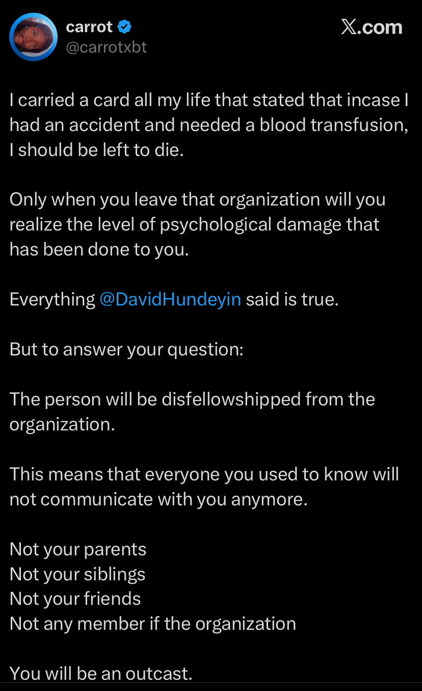 Ex-Jehovah Witness member shares what happens to any member who accepts blood transfusion