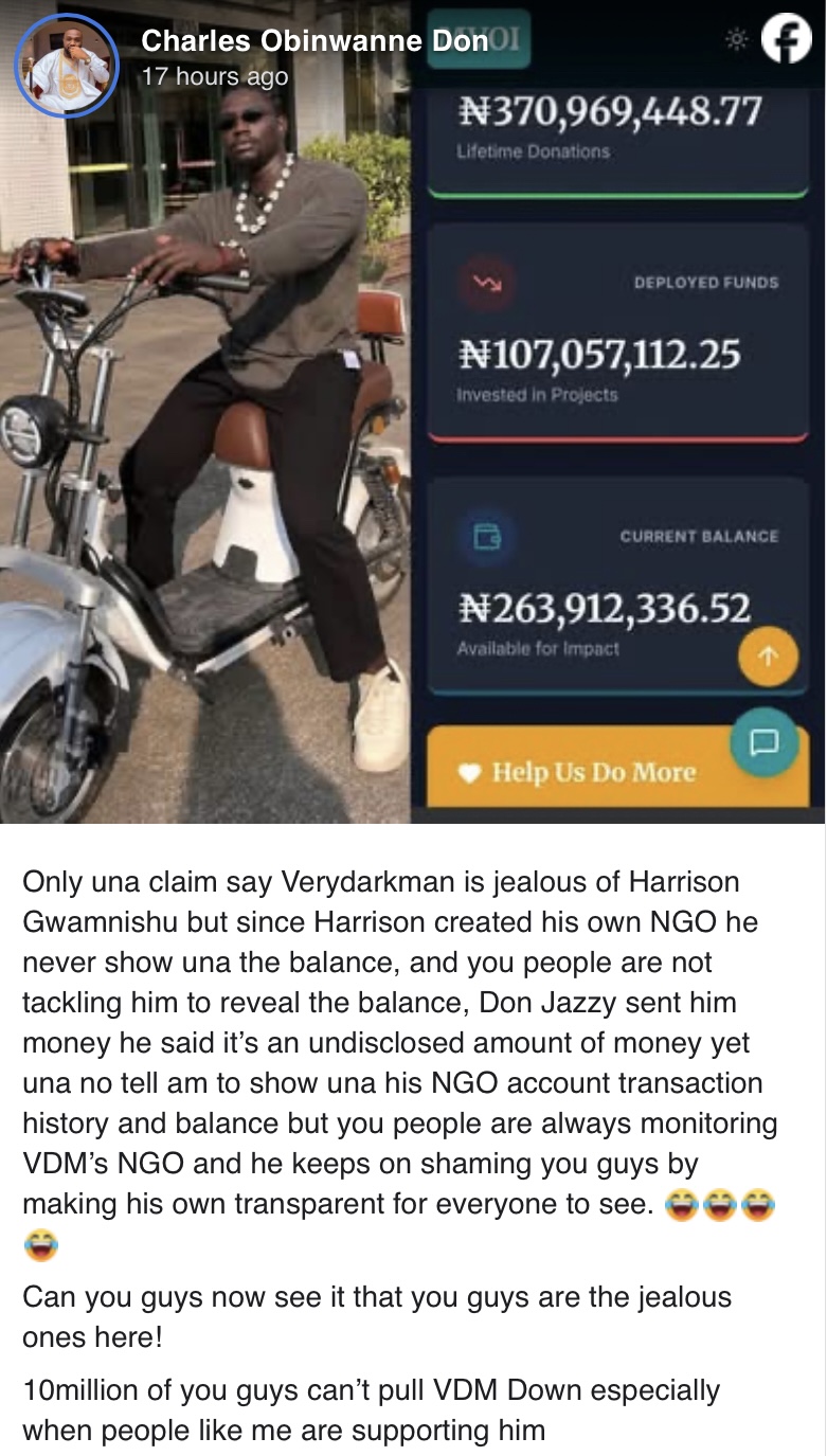 Man digs up amount left in VDM’s NGO account, compares him to Harrison Gwamnishu