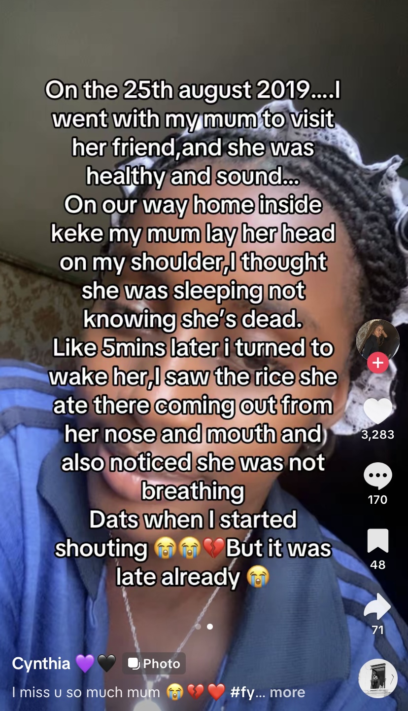 "I thought she was sleeping" - Lady cries out as mother dies suddenly in her arms on their way home