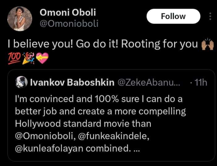 Omoni Oboli reacts as X user claims he can make better movies than her