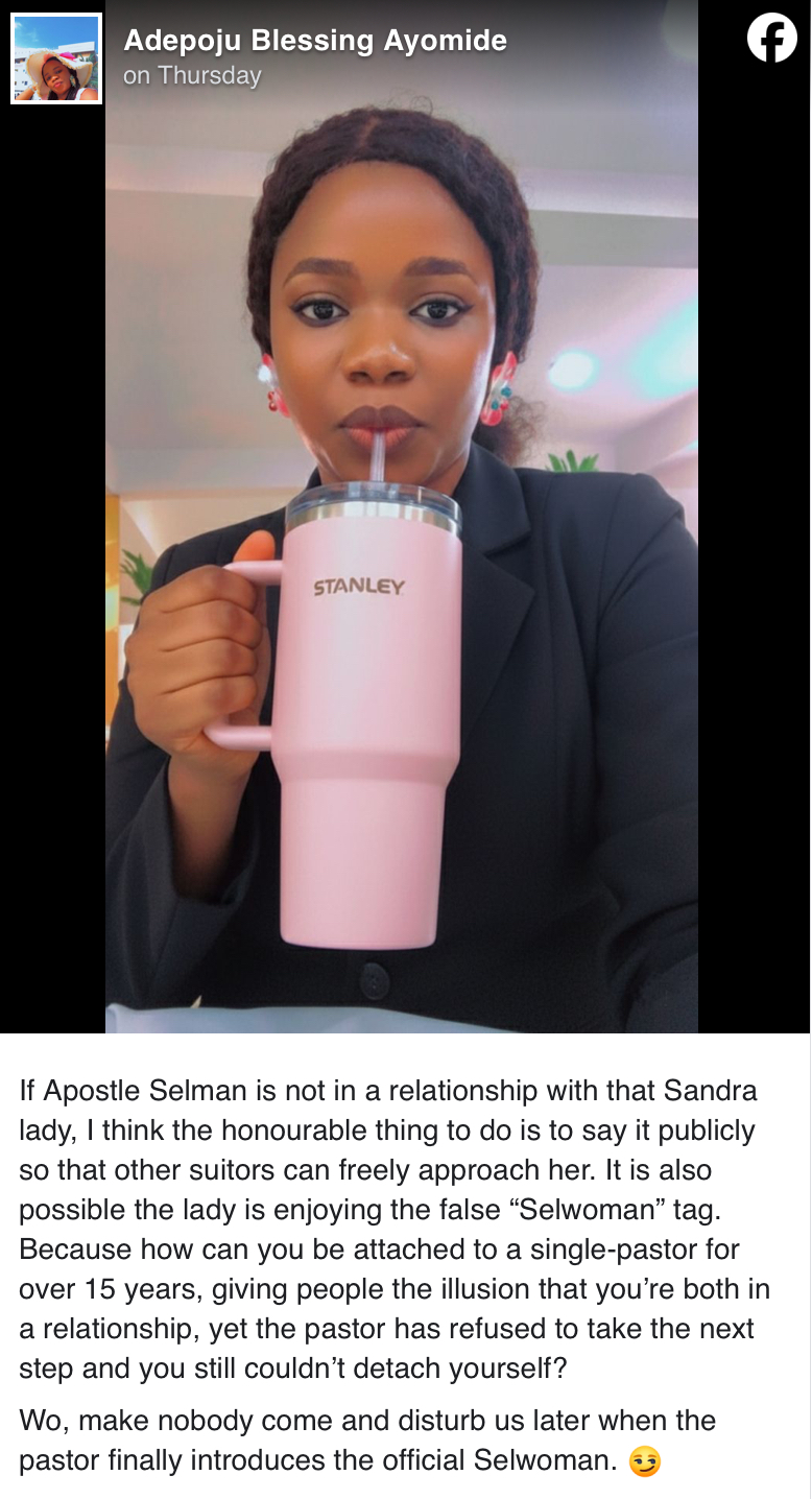 “Prove you’re not dating Sandra Areh” - Lady challenges Apostle Selman to address rumours