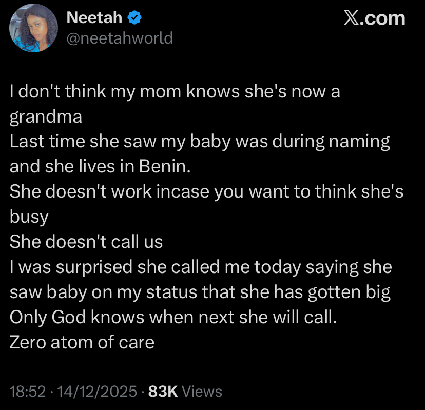 "You only saw my baby once" - Lady calls out her mother for failing as a grandmother