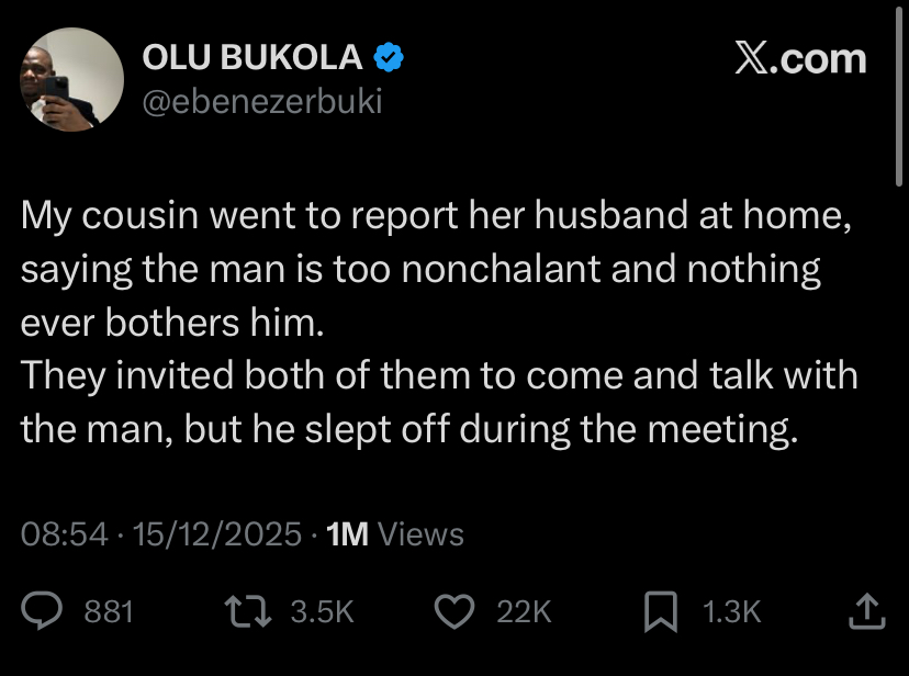 Lady travels home to report husband over nonchalance; family holds meeting, husband dozes off in front of them