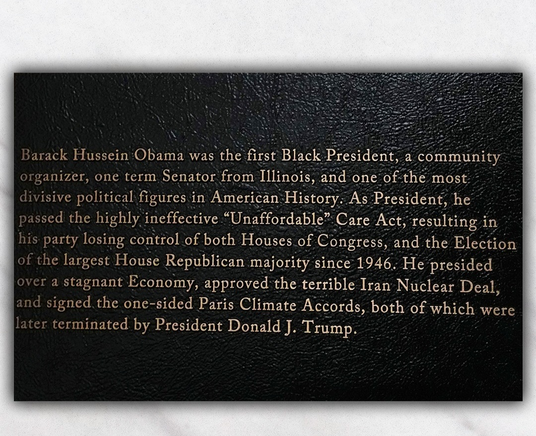 Trump ridicules Obama and Joe Biden adds plaques beneath images of past presidents in White House