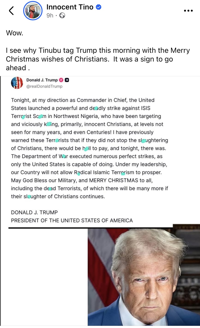 “Tinubu reportedly ‘signaled’ Trump before alleged attack on terrorists” - Man